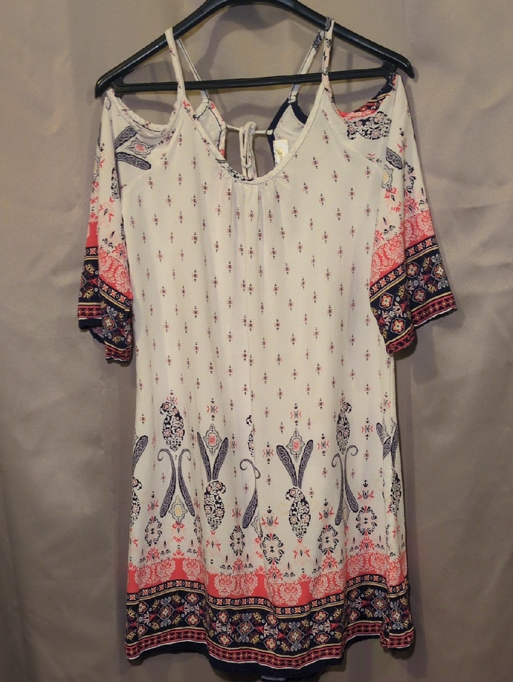 Boho Cold-Shoulder Tunic Dress in White with Coral & Navy